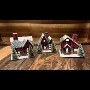 Martha Stewart LED Lighted Ornament Trio of Putz Houses Village Buffalo Plaid